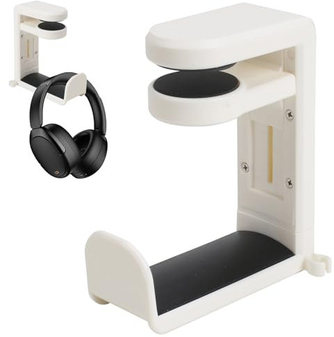 HO2NLE Headphone Stand Holder with Cable Clip 360 Degree Swivel Adjustable Springed Clamp Headset Desk Hook Under Desk Headphone Hanger Earphone Clip for Gaming Headsets, Controllers & Cables, White