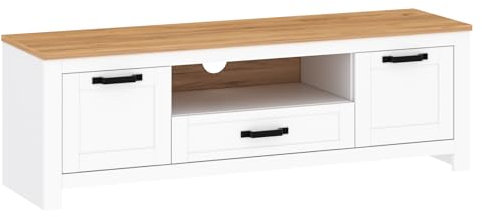 MINIO - TV Schrank 164 cm, TV Lowboard Lanit, TV Tisch mit Schublade und 2 Türen, TV Bank, TV Sideboard Wohnzimmer, TV Unterschrank, Wohnzimmer Möbel Set - Weiß/Gold Kraft Eiche