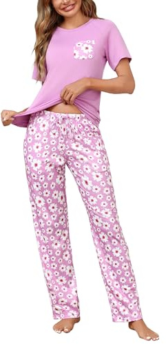 Bresdk Pigiama Donna Cotone Manica Corta Pigiami Due Pezzi da Donna Morbido e Leggero Pantaloni a Quadri Set Pigiama da Notte Estivo Lungo | Il mix di alta qualità offre un'elevata traspirabilità, una leggera elasticità e un morbido comfort sulla pelle