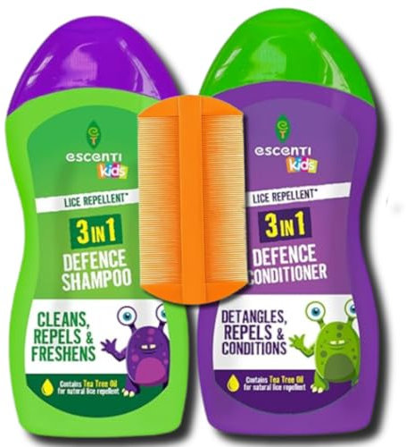 Escenti Kids 3-in-1 Head Lice Prevention Bundle – Natural Lice Defence Shampoo (300ml), Conditioner (300ml) & BVO Luxe Nit Comb for Daily Headlice Protection