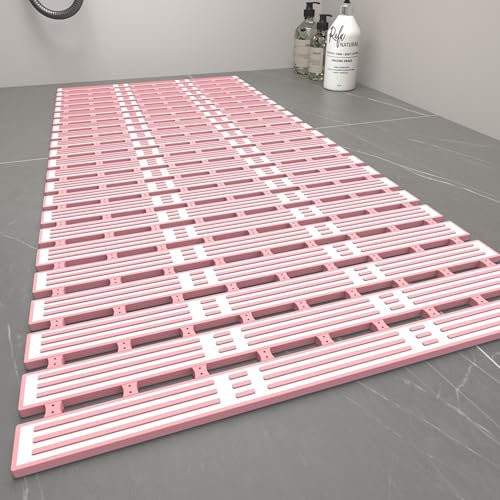 Weielt Shower Mat Non Slip Anti Mould, 90×40cm Non Slip Bath Mats for Inside Bath Quick Drain TPE Bathtub Mat with Suction Cups, Bathroom Accessories, Durable & Comfortable (Pink, 90 x 40 cm)