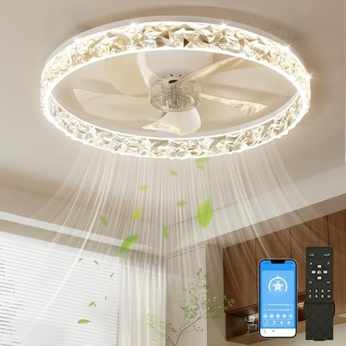 NIORSUN 50CM LED Ceiling Fan with Lights and APP Remote, Dimmable Low Profile Ceiling Fan, Flush Mount Ceiling Fan, Stepless Color Temperature Change and 6 Speeds(White)
