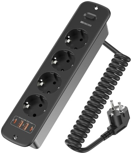 Enchufe retráctil de 4 enchufes con 4 USB (2 puertos USB-A + 2 puertos USB-C) e interruptor, enchufe empotrable para mesa con cable en espiral de 2 m, 4000 W/16 A, para oficina, oficina en casa y
