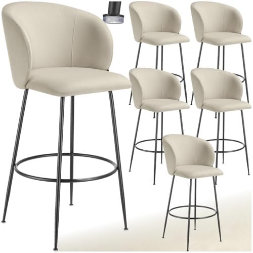 tectake® Samt Hocker hoch, Barhocker mit Lehne, als Küchenhocker, Barstuhl, Barmöbel, Barstühle Set oder Bistrostuhl, Tresenhocker, Esszimmerstühle, Sitzhocker für Kücheninsel - creme/schwarz, 6er Set