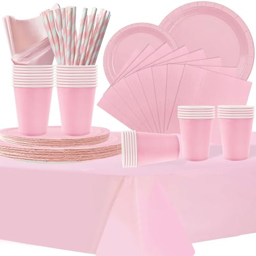 COLANANA Party Supplies,Pink Birthday Decorations Party Tableware Set Contain Plates Cups Napkins Paper Straws Tablecloth for Birthday Baby Shower Wedding Partys Anniversary(16 Guests)