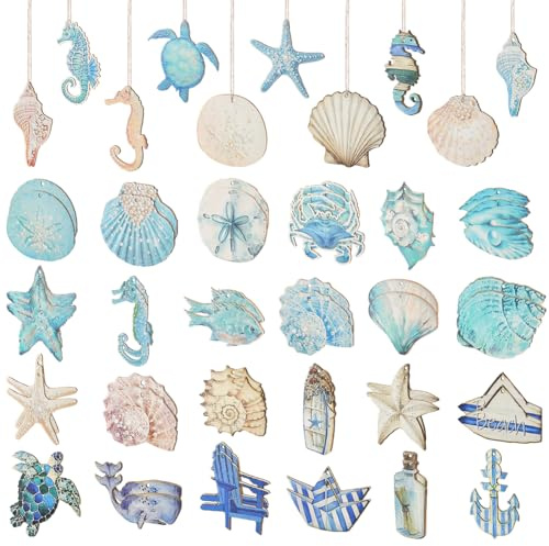 PH PandaHall 68pcs Wood Ocean Theme Hanging Summer Cutouts Sea Animal Decor | 34 Styles Seashell Seahorse Starfish Nautical Hanging Ornaments with Ropes for Home Beach Small Tree Party