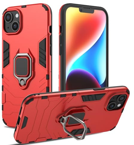 RIIMUHIR Case for iPhone 14 Plus, Shockproof Cover with 360° Metal Ring Stand, Anti-Scratch Hard Protective Case, Full Body Bumper Case with Camera Protection (Red)