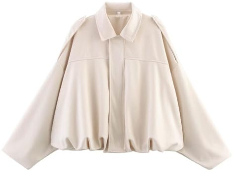 Xunger Women's Faux Suede Bomber Jacket Spring Lapel Pilot Coat Casual Oversized Long Sleeves Trendy Streetwear Outerwear, Beige, Large
