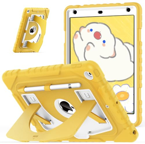 OKP Kids Case for iPad 9th/ 8th/ 7th Generation 10.2 Inch (2021/2020/2019), Heavy Duty Rugged 9 8 7 th Gen iPad Protective Cover with Built-in Kickstand, Pencil Holder for Kids Girls Boys, Yellow