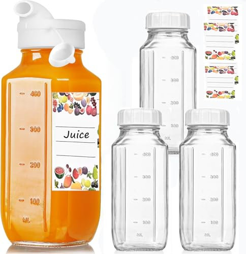MEIMUCUL Smoothie Flasche, 4 Stück Milchflaschen mit Deckel,Glasflaschen zum Befüllen 500ml,Wiederverwendbare Smoothie Gläser mit Deckel,Ideal für Saft, Milch,Milchshakes