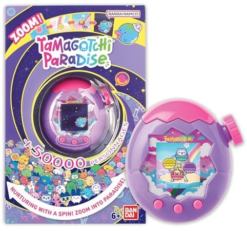 Bandai - Tamagotchi Paradise Himmel - Virtuelles Haustier zum Aufziehen - Tamagotchi mit Zoom-Drehrad - Interaktives Spielzeug auf Deutsch - Modell Himmel in Violett und Rosa - 43423