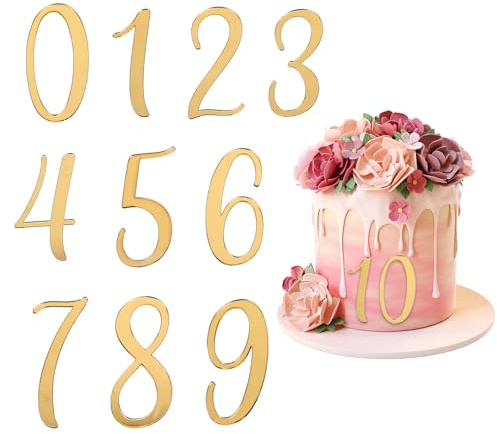 10 PCS 0-9 Number for Cake Topper Number Cake Charm 0-9 Numbers Mirrored Gold Picks DIY Cupcake Toppers with Numbers for Wedding Happy Birthday Shower Anniversary Party Supplies Decorations