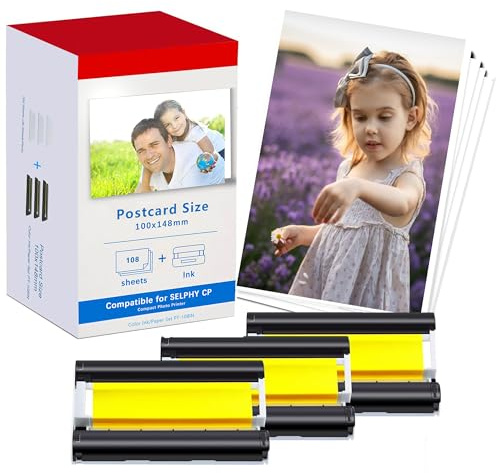 LCL Kompatibel mit Canon Selphy CP1300 CP1500 Tinten und Papier Multipack | 108 Fotopapier + 3 Farbkartusche, Ersatz für Canon KP-108IN 3115b001(AA) für Selphy CP Fotodrucker CP1200 CP1000 CP910 CP900