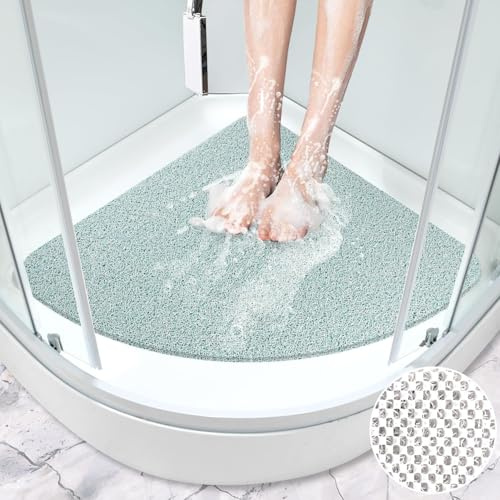 Duschmatte rutschfest Dreieckig, 80 x 80 cm Weich Komfort Sicherheits Badewannenmatte, Antibakterielle Badematte mit Ablauflöchern, Antirutschmatte Dusche für Badewanne und Nassbereiche (Weiß & Grün)