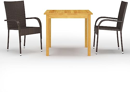 JHQHSM 3-TLG. Garten-Essgruppe Braun aus Akazienholz und PE-Rattan, Esstisch mit Ölfinish und wetterbeständige stapelbare Stühle, Außenmöbel für Terrasse und Garten
