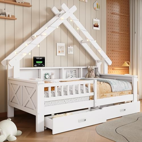 BTM Holz Hausbett 90 x 200 cm mit LED-Beleuchtung, Ablagefächern, Schubladen Kinderbett mit Rausfallschutz Weiß (ohne Matratze)