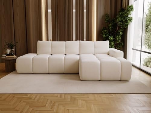 GRAINGOLD Montero L Ecksofa modern mit Bettfunktion, 280x177 cm, L-Form Sofa, Schlafcouch für Wohnzimmer, Bouclé-Stoff, 3-Sitzer Eckcouch, Ecksofa mit Bettkasten (Weiß, Rechts)