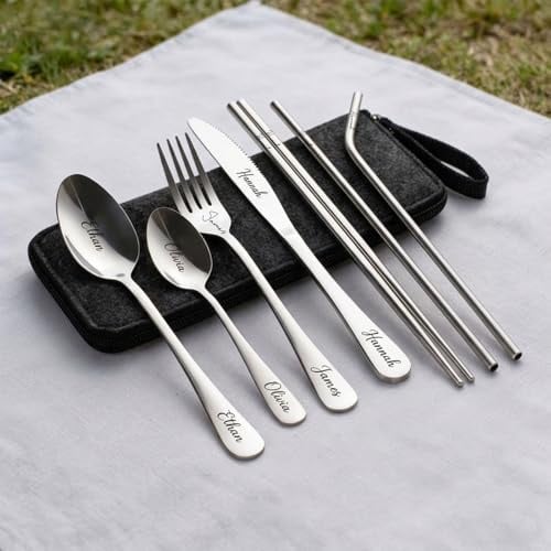 Solarix Personalised Engraved Cutlery Set, 9-Piece (Silver) | Stainless Steel Utensils for Adults, Knife Fork Spoon Chopsticks Straws, Portable Travel Case