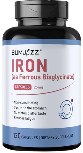 Iron Supplement 25mg Capsules, 120 Count - Non-Constipating, Easy to Absorb Ferrous Bisglycinate - Supports Healthy Iron Levels & Natural Energy
