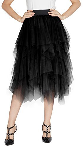Urban GoCo Mujeres Enagua Falda Corta Midi Tul Damas Cintura Elástica Asimetricas Tutu Falda para Fiesta Danza (M, Negro)