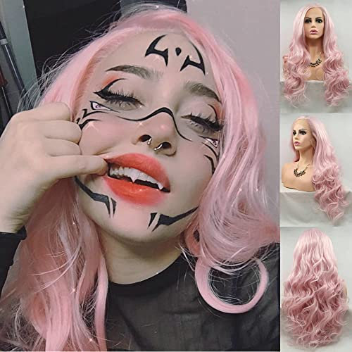 Drag Queen Perücke, lang, Babyrosa, Kunsthaar, Lace-Front, hautfreundlich, Pastellrosa, Halblange Perücke für Party, Cosplay, Hochzeit, 61 cm
