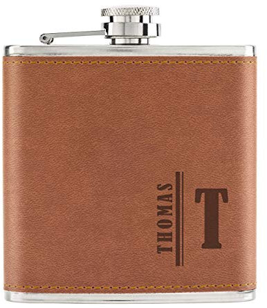 Personalisiert Individuell Name Buchstabe Spalt 6oz Pu-Leder Flachmann Hellbraun