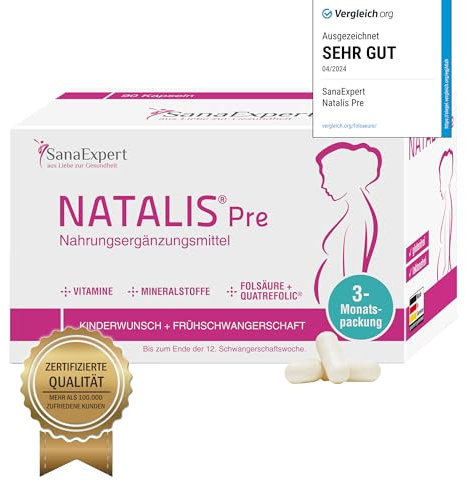 SanaExpert® Natalis Pre Kapseln bei Kinderwunsch & Schwangerschaft im 1. Trimester, Vitamine, Folsäure, Nährstoffe, 3 Monate/ 90 Kapseln