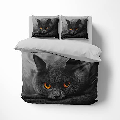 FEBE 3D Bettwäsche Katze Bettbezug-Set 135x200 + Kissenbezug 80x80 cm Wendebettwäsche 2 Teilig mit Reißveschluss