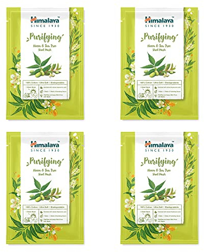 Himalaya Maschera purificante per neem e albero del tè, maschera monouso in cotone, antiossidante, ricca di pelle chiara e rinfrescata, con acido ialuronico per un'idratazione intensa, 4 pezzi