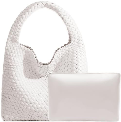 JINMANXUE Damen-Handtasche aus veganem Leder, handgewebt, modische Schultertasche, Top-Griff, Unterarmtasche mit Geldbörse, Cremefarben/Weiß, Large