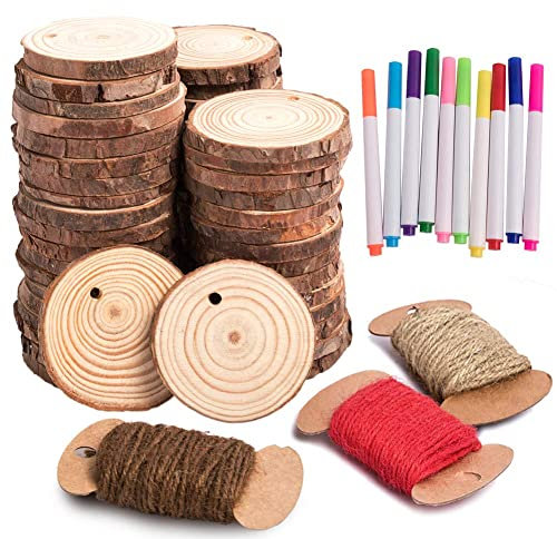 MACTING 50 Stück Natürliche Runde Holz Holzscheiben, 5-6cm Unvollendete Holzkreise Mit Schnur Runde Holzkreise Baumscheiben für DIY Handwerk Holz-Scheiben Hochzeit Mittelstücke Weihnachten Dekoration