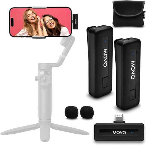 Movo Wireless Mini DUO Ultra Compact Dual Wireless Microphone for iPhone with Clip on Lavalier Mic, 10HR Battery, 50m Range, Noise Cancellation, Lightning - iPhone Microphone for Video Recording