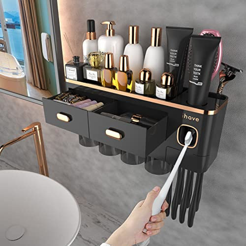 iHave Zahnbürstenhalter Wand Badezimmer Organizer, Zahnbürstenhalter mit Zahnpastaspender, 4 Becher, Schublade, großer Kapazität Zahnbürsten Organizer Badezimmer Deko in Schwarz Gold