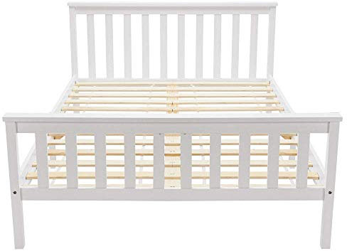 Merax Double Bed Wooden Frame, Double Wooden Bed in White for Adults, Kids, Teenagers, 190x135cm