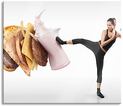 Frau kickt gegen Fastfood Herdabdeckplatte & Spritzschutz aus Echtglas | Für Herd-Kochfelder | 60x52 cm