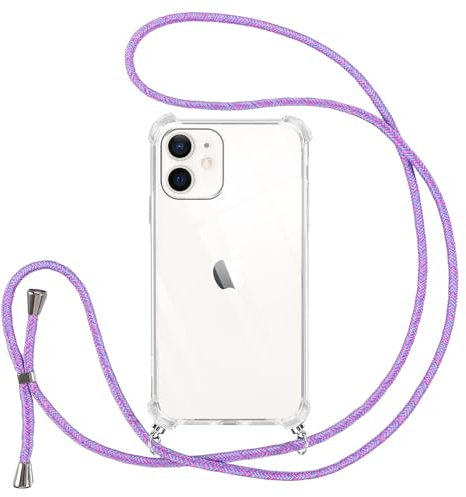 Vauki handyband für iPhone 12 Mini Hülle mit Band, Durchsichtig Transparent Silikon Handyhülle mit Kette Kordel zum Umhängen, TPU Bumper Case für iPhone 12 Mini, Lila 01