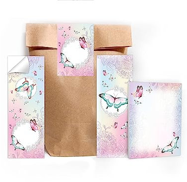 10 Lesezeichen + 10 Mini-Notizblöcke je 25 Blätter A7 + 10 Tüten (natur) + 10 Aufkleber Set Schmetterling Blumen Mitgebsel Mitbringsel Gastgeschenk zum Kindergeburtstag Fest Motto-Party Jungen Mädchen