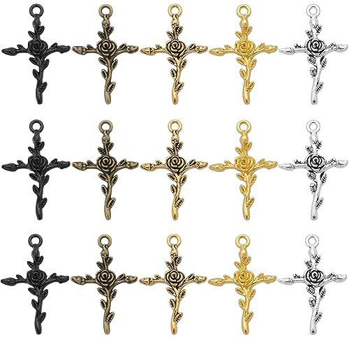 SUNNYCLUE 1 Scatola 50 Pezzi Ciondoli Croce Stile Tibetano Argento Antico Bronzo Rosa Ciondolo Croce Sfusa Lega Vintage Crocifisso Forma Piccola Rosa Ciondoli Fiore per Gioielli Creazione di Ros