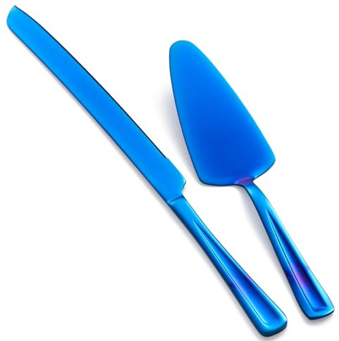 GoGeiLi Blau Kuchenbesteck Set, 33 cm Edelstahl Kuchenmesser und Tortenheber, Tortenmesser-Set für Hochzeit, Geburtstag, Partys, Jubiläum