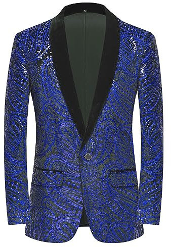 PYJTRL Giacca da Uomo con Paillettes Lucide Giacca Classica da Abito Floreale Moda, Adatta per Feste, Matrimoni, Banchetti, Balli,Blue,M