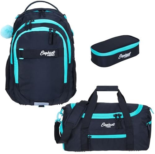Elephant 3 Teile Set Schulrucksack Hero Signature Rucksack + Sporttasche + Mäppchen 12609 (Tiff Türkis 13015 Black)