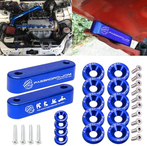 x xotic tech JDM Front Hood Vent Space Riser Spacer Modification + Fender Bumper Washer Engine Bolt Bay Dress Up Kit, Aluminum Alloy Billet Compatible with Honda Civic CRX, Acura Integra (Blue)