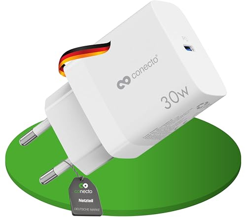 conecto USB-C Ladegerät Netzteil Schnellladegerät Lader 30W PD weiß | GaN Charger Netzstecker mit Ladestromerkennung für Smartphone, Tablet und Laptop, ideal für Zuhause und Reisen