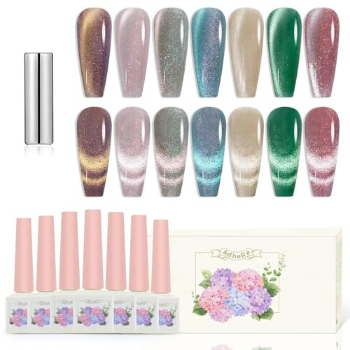 ADHERE Mystical Garden Series - Magnetic Cat Eye Nail Polish Kit - Gel para uñas Glitter Shining Nail Gel Polish Nail Soak Off UV Magnetic Gel Nail Varnish Nude Pink Green Cat Eye Gel Nail Polish