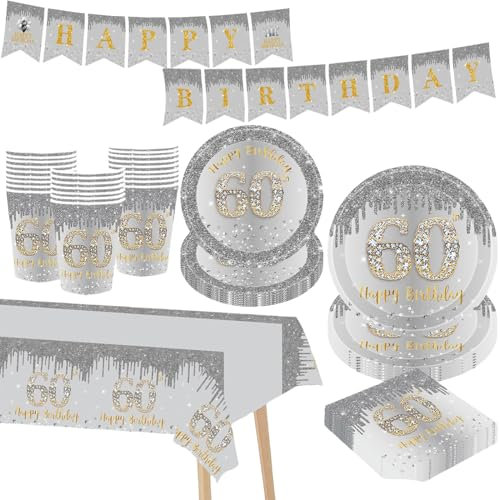 Silver Happy 60th Birthday Party Tableware Set,69pcs Silver Party Disposable Dinnerware 60th Birthday Party Paper Plates Cups Napkins and Tablecloth for Women Men Birthday Party Supplies Table Decor