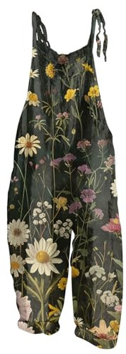 RMBLYfeiye Jumpsuit Damen Lang Blumen Bedruckt Vintage Baumwoll Leinen Weites Bein Spaghetti Locker Sommer Overall Rückenfrei Playsuit Kuschelig Onesie Casual Romper