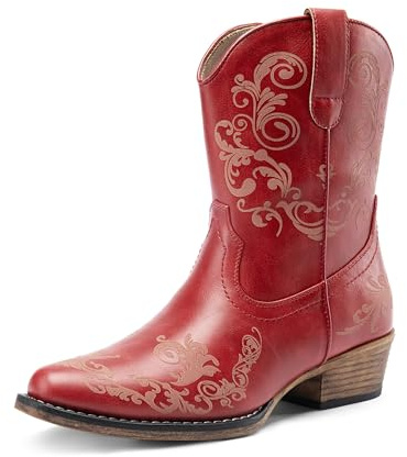 DREAM PAIRS Women's Cowboy Cowgirl Western Ankle Boots,Red,5.5