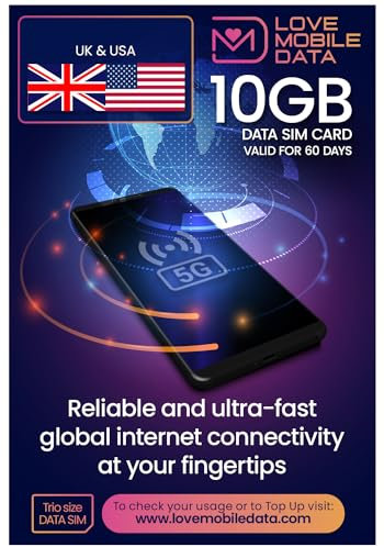 Love Mobile Data Only Sim Card - International Multi-Network 4G/5G Prepaid Pay As You Go Data Sim for Mobile Phones, WiFi Routers, & More, UK & USA Coverage, 10GB for 60 Days