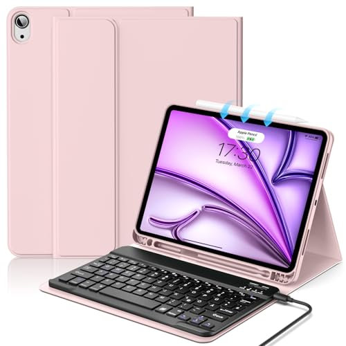 aoub Hülle mit Tastatur für iPad Air 11 Zoll 2025 M3/2024 M2 7./6./ 5./ 4. Generation 2022/2020, Tastatur mit Hülle für iPad Air 11 Zoll/ 10,9 Zoll, QWERTZ Layout, Rosa