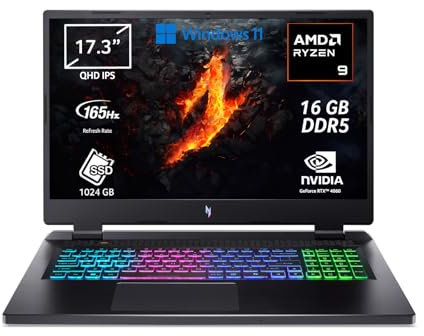 acer Nitro 17 AN17-42-R4N0 Notebook Gaming, Processore AMD Ryzen 9 8945HS, Ram 16 GB DDR5, 1024 GB SSD, Display 17.3 QHD IPS 165 Hz DDS, NVIDIA GeForce RTX 4060 8GB GDDR6, Windows 11 Home